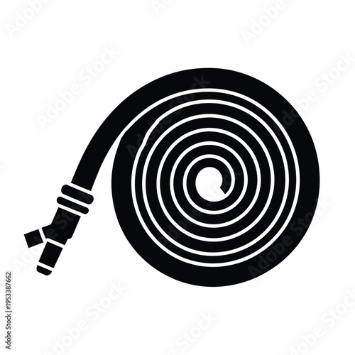 A coiled black garden hose with a nozzle presented as a simple icon