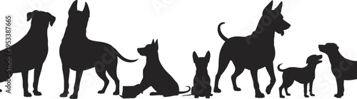 Dog silhouettes collection various breeds and poses, standing sitting walking pets, canine diversity concept, isolated on white background illustration