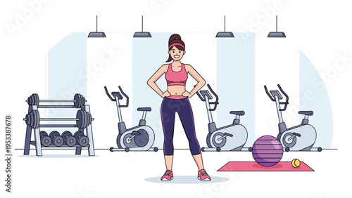 Confident woman in fitness apparel stands inside a spacious gym featuring several exercise bikes and various workout equipment for health.