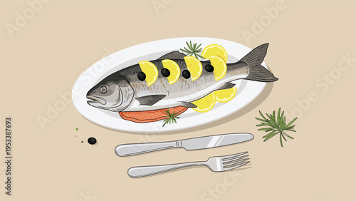Delicious baked fish served on a white platter garnished with fresh lemon slices, olives, and rosemary sprigs alongside silver cutlery.