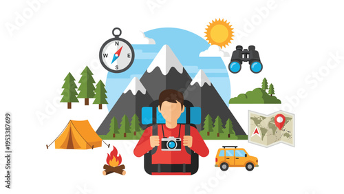Man with backpack surrounded by outdoor elements like mountains, tent, and map represents travel and hiking adventure.