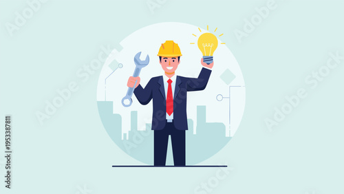 Engineer wearing a hard hat and holding a wrench and a glowing light bulb represents a creative technical solution.