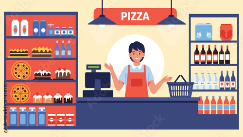 Smiling cashier or shop worker standing behind a counter in a pizza and grocery store with shelves full of products.
