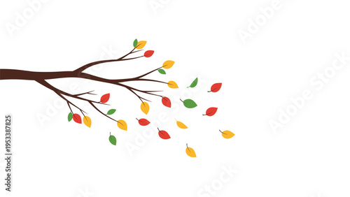 Autumn tree branch with colorful red and yellow leaves falling down depicts the transition into the fall season.