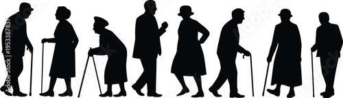 Elderly people silhouettes walking with cane, senior men and women collection, aging concept, mobility support, isolated on white background