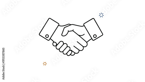 Minimalist line drawing of a handshake between two professional hands in suits represents a successful agreement.