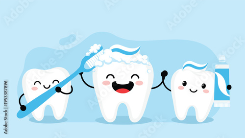 Cute animated teeth characters with a toothbrush and toothpaste promote dental health and hygiene for children.