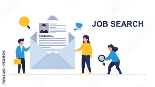 Group of small characters working together to search for candidates by examining a professional resume emerging from a large envelope.