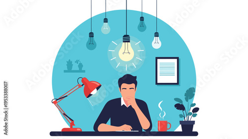Thoughtful professional man working at a desk surrounded by many glowing lightbulbs representing innovative ideas and creative brainstorming.