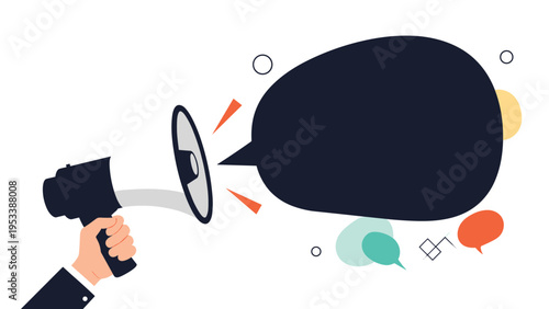 Hand holding a black megaphone emitting a large dark speech bubble and colorful abstract shapes signifying public announcement or marketing.
