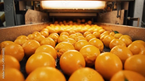 Cinematic Conveyor Belt Full of Fresh Wet Oranges Moving Through Industrial Processing Facility with Dramatic Lighting
