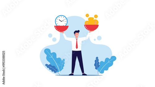 Professional man in a white shirt and tie balancing an alarm clock and a pile of gold coins in two red bowls like a scale.