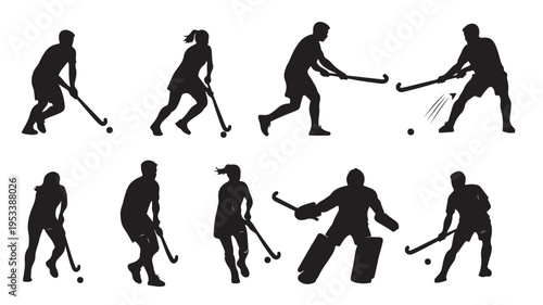 Set of 9 field hockey player silhouettes vector