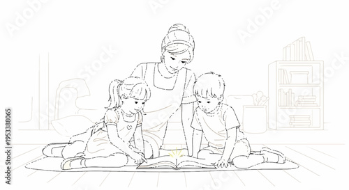 Woman and two children sitting on floor playing with blocks indoor scene family bonding educational activity