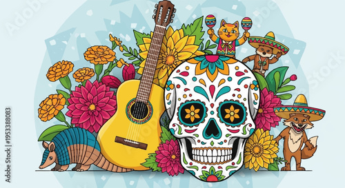 Vibrant sugar skull surrounded by flowers guitar and mariachi elements for day of the dead celebrations