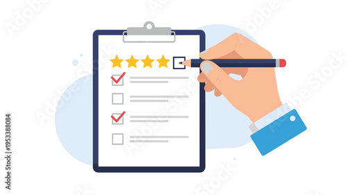 Business professional hand holding a pencil and checking a box on a performance review clipboard featuring a four-star rating.
