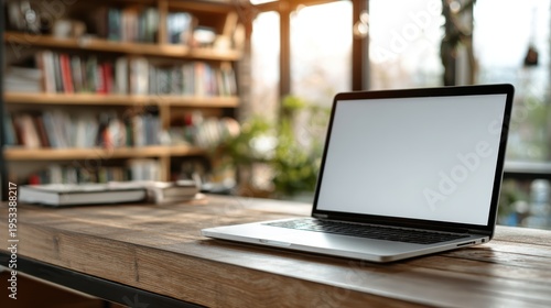 Laptop with blank screen on table in Modern library or bookstore interior with Learning and coworking space,relax zone,Library with rows of bookshelves,school or university,education concept.