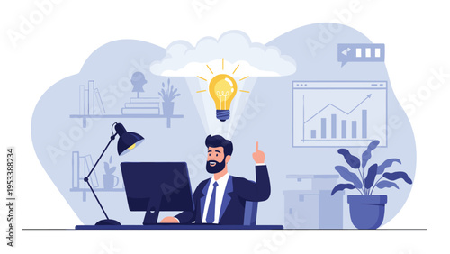 Businessman sitting at his desk and pointing upwards at a glowing lightbulb emerging from a cloud representing a successful breakthrough idea.