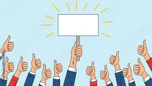 Large group of hands in suits giving thumbs up gestures towards a blank white board held high against a clear blue background for positive approval.