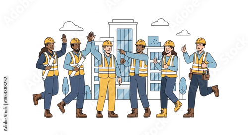 Diverse construction workers celebrating success together on a project site.