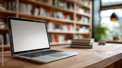 Laptop with blank screen on table in Modern library or bookstore interior with Learning and coworking space,relax zone,Library with rows of bookshelves,school or university,education concept.