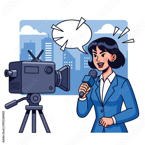 Reporter speaking in front of a camera illustration