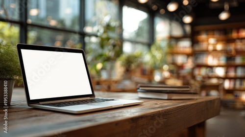 Laptop with blank screen on table in Modern library or bookstore interior with Learning and coworking space,relax zone,Library with rows of bookshelves,school or university,education concept.
