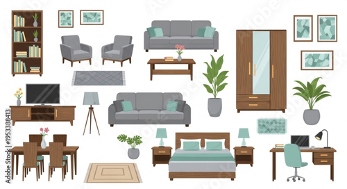 Collection of modern furniture and home decor items.