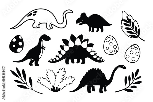 Silhouettes of dinosaurs and tropical leaves in black and white vector illustration