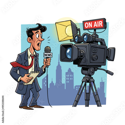 Reporter speaking in front of a camera illustration