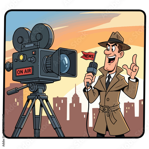 Reporter speaking in front of a camera illustration