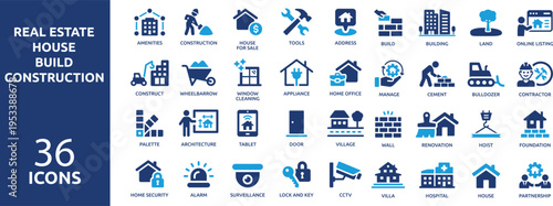 Set of 36 solid icons. part 2. Collection concept of house, home, real estate, building and construction. Vector