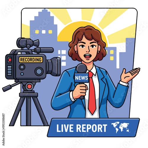 Reporter speaking in front of a camera illustration