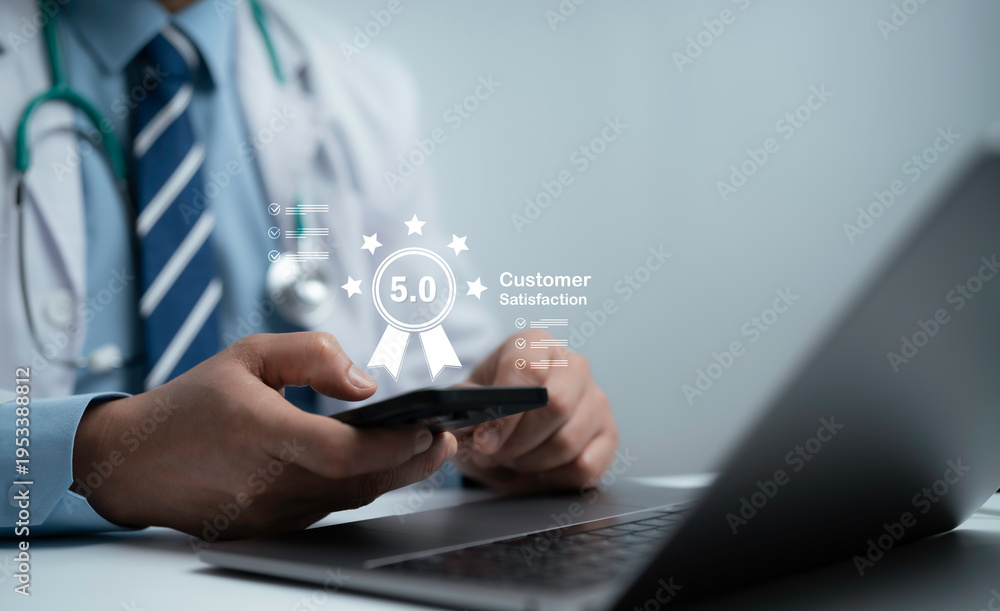 Naklejka premium Doctor using smartphone with customer satisfaction rating five star feedback healthcare service quality evaluation digital experience review trust and performance improvement technology