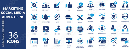 Set of 36 solid icons. part 1. collection concept of marketing, social media, advertising and business strategy. Vector illustration.