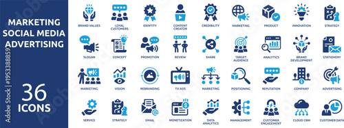 Set of 36 solid icons. part 3. collection concept of marketing, social media, advertising and business strategy. Vector illustration.