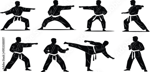 Silhouettes of a martial artist performing karate stances and kicks on white background martial arts