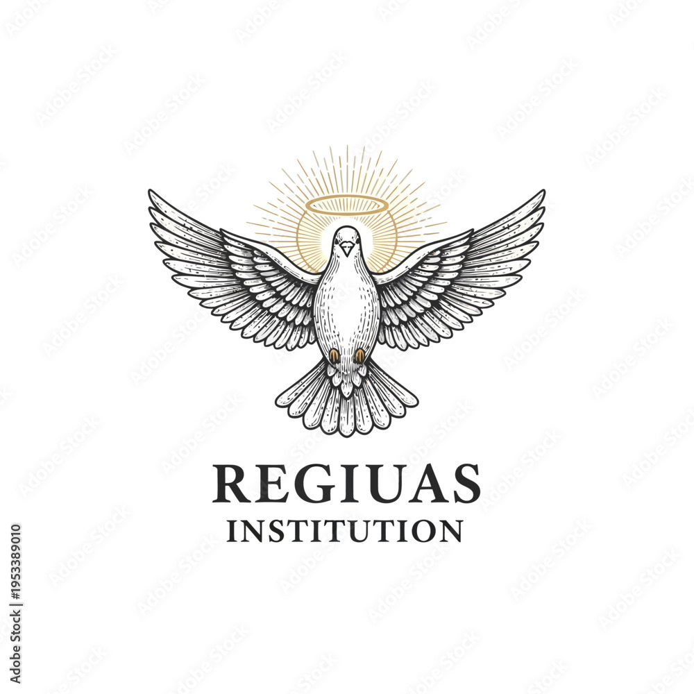 Obraz premium Dove with Halo and Light Rays Above Regiuas Institution Logo
