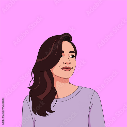Portrait illustration of a young woman with long dark wavy hair wearing a simple light purple shirt against a vibrant solid pink background, capturing a moment of thoughtful consideration or gentle sm