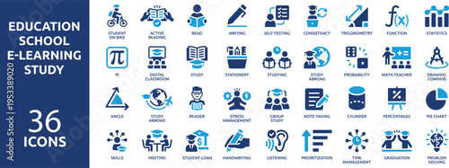 Set of 36 solid icons. part 5. collection concept of education, school, e-learning, study, teaching. Vector illustration.