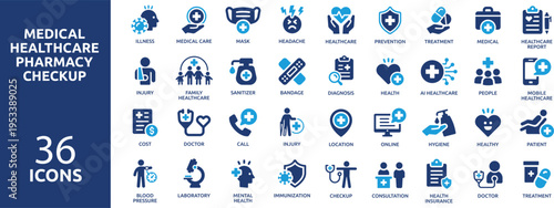 Set of 36 solid icons. part 1. collection concept of medical, healthcare, pharmacy, checkup, and medicine. Vector illustration.