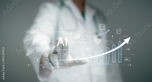 Foto Doctor using AI interface with healthcare data analytics and rising graph, conce