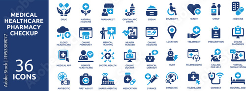Set of 36 solid icons. part 4. collection concept of medical, healthcare, pharmacy, checkup, and medicine. Vector illustration.