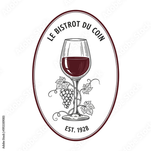 Logo Vintage Bistro Wine Glass Illustration with Grapes and Established Date