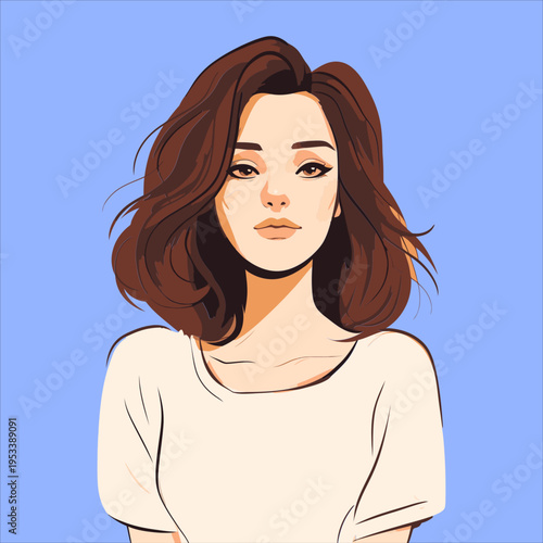 Digitally illustrated portrait of a beautiful young woman with captivating brown, wavy hair and a serene expression. Her striking dark eyes are rendered with clean lines and a smooth, vibrant color pa