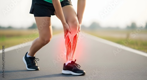 Leg muscle pain and calf cramp injury. Physical exhaustion and sports recovery needs. Man massaging his painful leg while sitting on a fitness mat after exercise