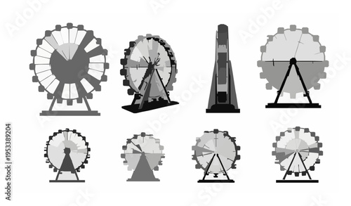 Ferris wheel silhouette vector set with amusement park ride icons isolated on white