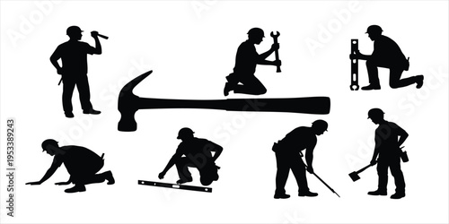 Silhouettes of construction workers with tools on white background builder