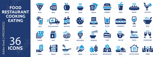 Huge set of 36 solid icons. part 1. collection concept of food, restaurant, kitchen, cooking and eating. Vector illustration.