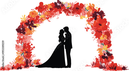 Romantic wedding couple silhouette under floral arch, love celebration scene, bride and groom illustration, marriage ceremony decor, elegant romance vector